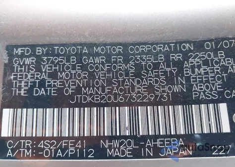 2007 Toyota Prius z USA, uszkodzony, nr VIN JTDKB20U673229731